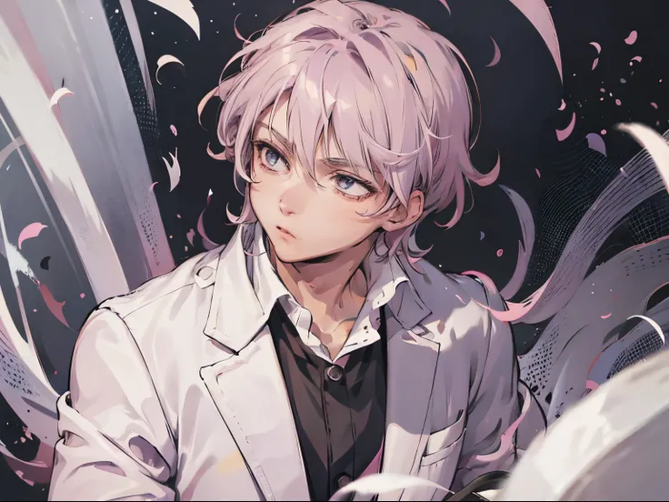 1 anime MAN wearing a formal button shirt, tall, grey eyes, light pink hair, medium hair, MAN, MALE