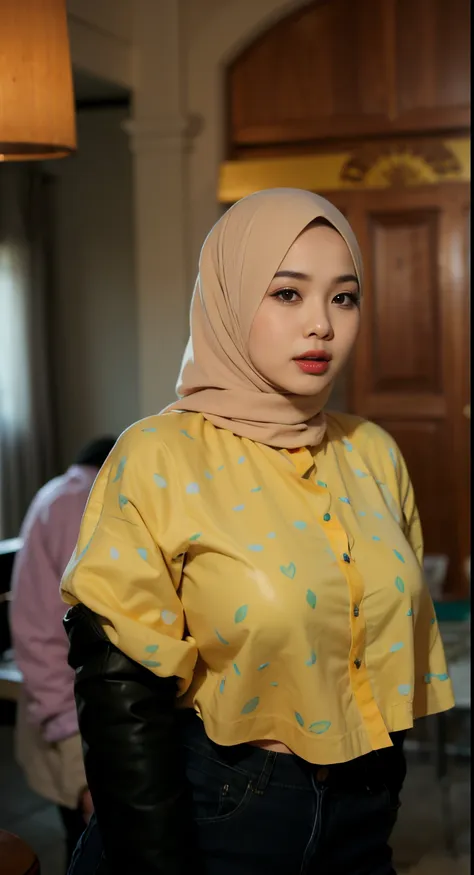 (((malay hijab girl))), (realistic, photo-realistic:1.4), (1girl), big breast, wearing light blue lace bra and panties, hand on ...