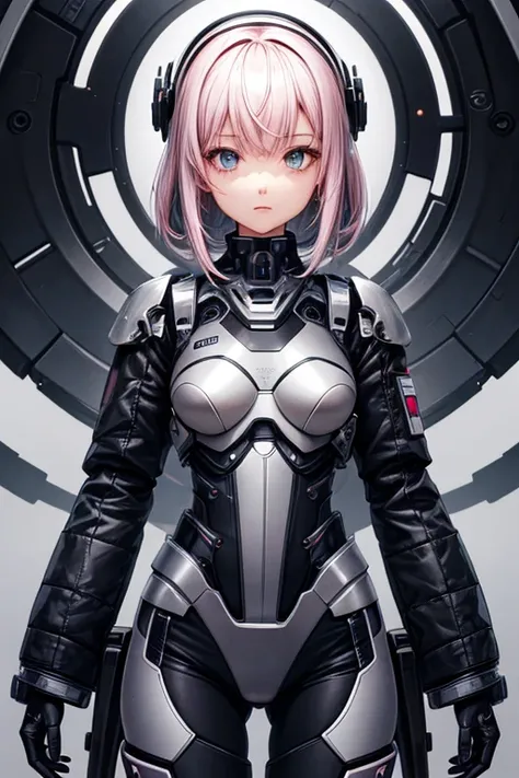 Girl, dark color matching, grey futuristic denim fabric top, pearl legs, white auxiliary robotic arm, pink hair, black and white Mechanical helmet, metal-coated mechanical texture, Exoskeleton Mech, unopened sci-fi style illustration art, black and white M...