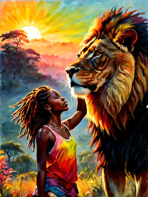 Rastafarian black girl with a lion enjoying the sunrise, colorful summer outfit stands out, Energetic and lively scene.
Estilo de Gabriele Dell&#39;Otto, Meio da jornada de IA, saturated cores, Aquarela, oil paints,   HDR, 500px, 4k,