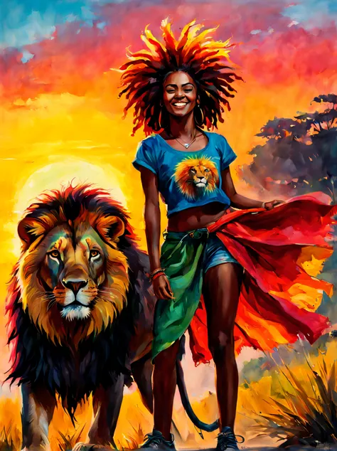 Rastafarian black girl with a lion enjoying the sunrise, colorful summer outfit stands out, Energetic and lively scene.
Estilo de Gabriele Dell&#39;Otto, Meio da jornada de IA, saturated cores, Aquarela, oil paints,   HDR, 500px, 4k,