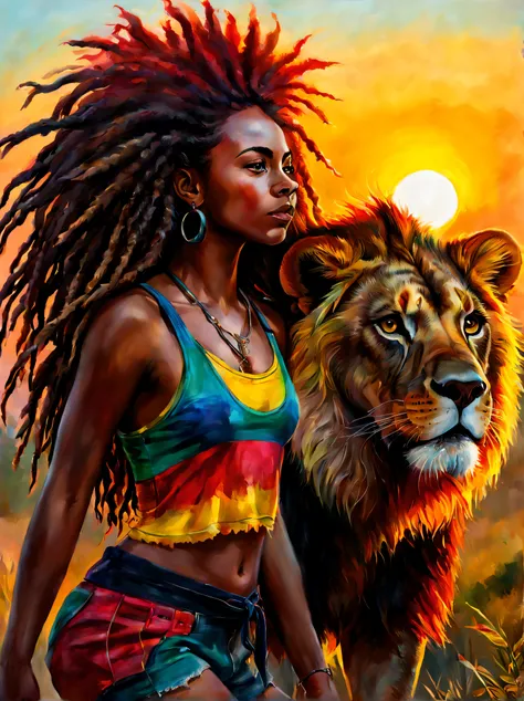 Rastafarian black girl with a lion enjoying the sunrise, colorful summer outfit stands out, Energetic and lively scene.
Estilo de Gabriele Dell&#39;Otto, Meio da jornada de IA, saturated cores, Aquarela, oil paints,   HDR, 500px, 4k,