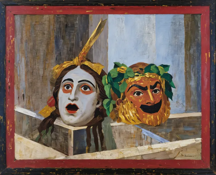 painting of a woman with a knife and a man with a mask, from commedia dellarte, greek mask, theater mask, tempera on wood, inspired by Bartolomeo Cesi, caravaggesque style, viktor deni, decorated with opera motifs, by Robert Brackman, alexey egorov, chiric...