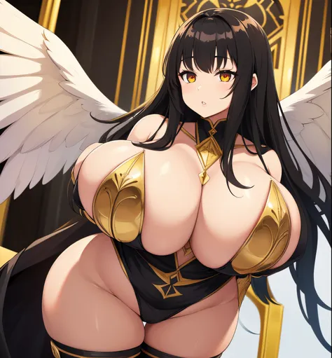 Seraphim with light brown skin, fluffy black hair and golden eyes, Black sclera, Puffy lips, Wide hips, thick thighs, Bursting breasts, areola.