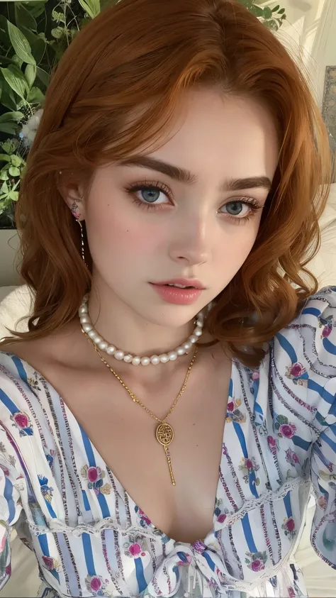 mulher arafa com cabelo ruivo e um colar e um colar, Sophia Lillis, pia sadie, Sidnei Sweeney, Leesha Hannigan, Sophie Turner, Elle Fanning), Cabelo de gengibre com sardas, Elle Fanning, gold and pearl necklaces, Retrato de Elle Fanning, opulent pearl neck...