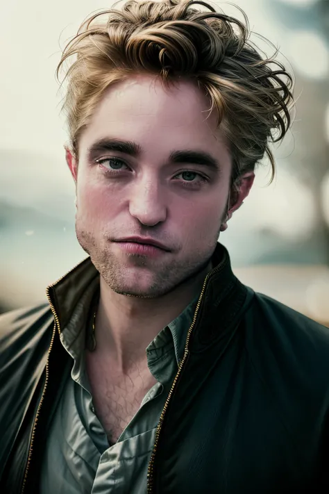 photo of crying (Robert Pattinson:0.99), a man with bald hair, hair upsweep updo, wearing (blue buruma:1.1),  ((Medieval:1.1)), (plain yellow background:1.1), modelshoot style, (extremely detailed CG unity 8k wallpaper), professional majestic photography, ...
