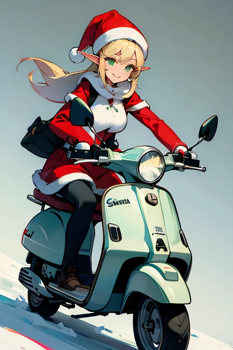 female elf helper from santa clause, blonde hair, green eyes, smiling, riding a grey vespa scooter, snowy sub-urb background