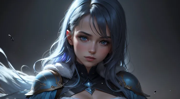 une fille russe, cheveux bleu clAir, yeux bleu magnifique, se tenant droite au centre de l&#39;image, gros plan sur son visage, Poussière cosmique en arrière plan qui Flottent into the l&#39;Air,Optimal quality,4K,8k,high resolucion,шедевр:1.2),Ultra-detai...