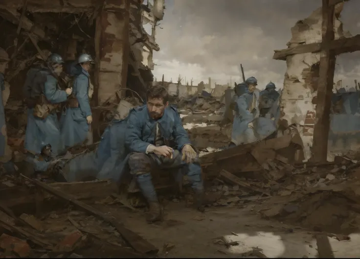 painting of a man sitting in a ruined building with other men, inspired by Luc-Olivier Merson, wounded soldiers, stefan koidl inspired, by Ludwik Konarzewski, after a battle, inspired by Stanhope Forbes, by László Balogh, tuomas korpi and wlop, by Artur Ta...