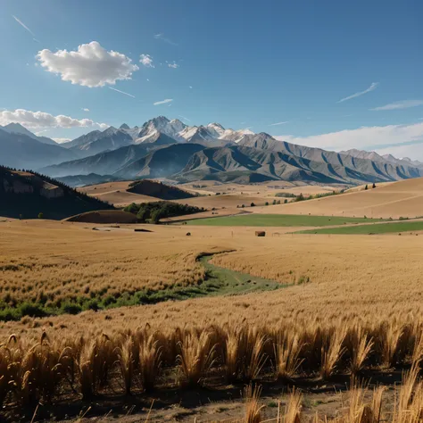 Wheat fields with large mountains in the background, mountains have forest fires