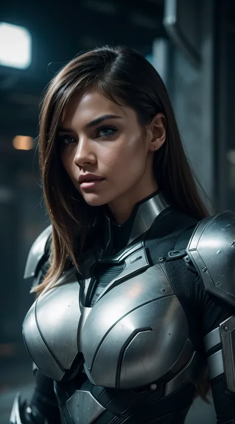 medium shot photo of sexy female cyborg wearing scratched and tarnished futuristic armor in a destroyed futuristic city, fantasy, sci-fi, beautiful feminine face, seductive, sexual, mist, vivid alluring eyes, dramatic, best quality masterpiece, photorealis...