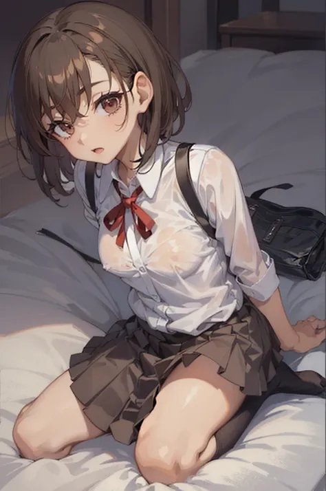 Very detailed CG unified 8k wallpaper, tmasterpiece， Best quality at best， misaka_mikoto， Brown eyes， looking at viewert， 独奏， short_hair， opened_mouth， collared_shirt， looking_at_viewer，(watered school_uniform：1.5)， see-through shirts， white_shirt， small_b...