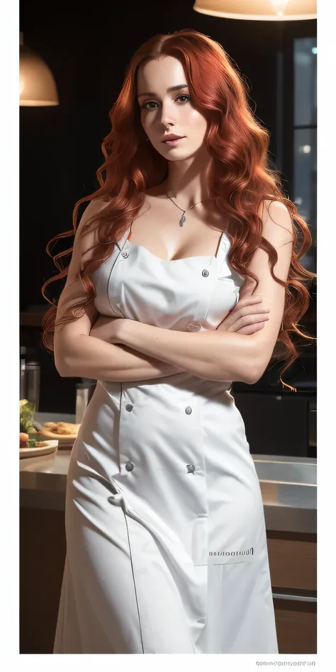 Photo of a 25-year-old European girl, ..RAW, beautiful woman, (extra long wavy red hair), ((portrait)), ((Detailed face: 1.2)), ((visage détaillé peau finement détaillée), pale skinned, Cyberpunk gown with a deep décolleté and beautiful details, Environmen...