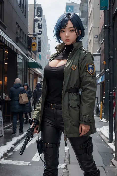 Girl, bob hair, blue hair, brown military coat, asian face, colder face, cold eyes