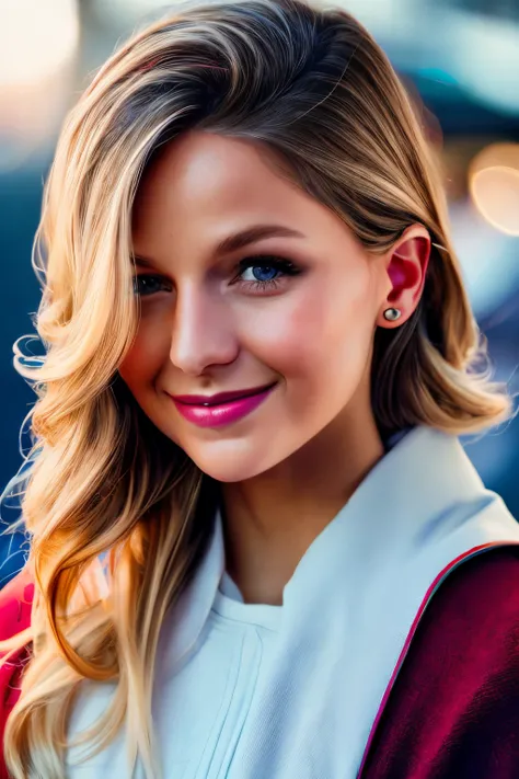 photo of beautiful (melissa benoist:0.99), a woman with perfect hair, hair upsweep updo, wearing (blue capelet:1.1),  ((vsco pre...