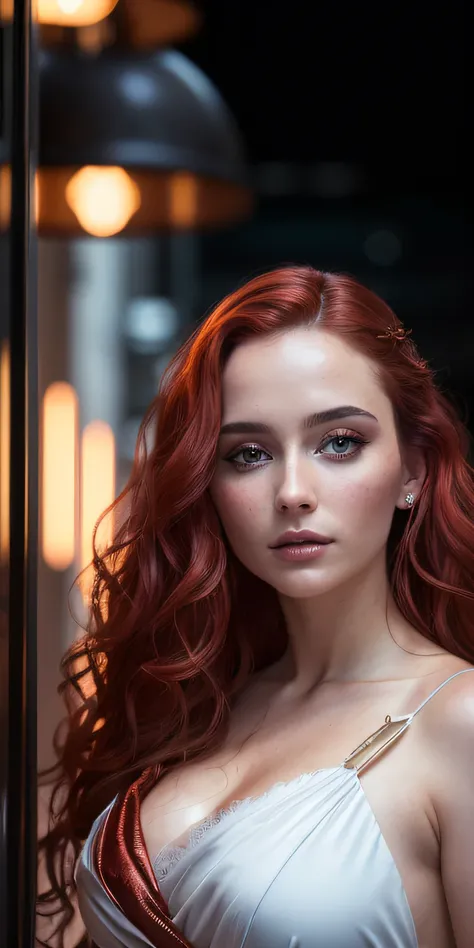 Photo of a 25-year-old European girl, ...RAW, beautiful woman, (extra long wavy red hair), ((portrait)), ((Detailed face: 1.2)), ((visage détaillé peau finement détaillée), pale skinned, Cyberpunk gown with a deep décolleté and beautiful details, Environme...