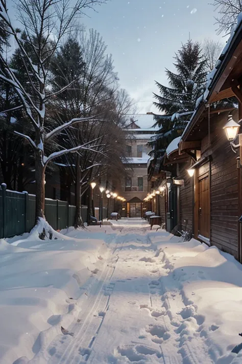 Park alley, winter, snow, evening, realistic photo