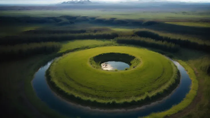 aerial view of a large circular structure in a field, Alien breathtaking landscape, Amazing alien landscape, Stunning alien landscape, Symmetrical fantasy landscape, The landscape of the planet, grass spiral mountain landscape, Landscape of an alien world,...