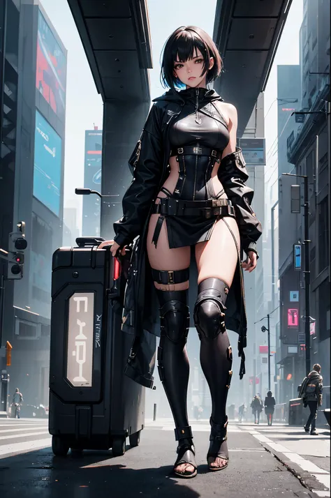 "full body representation (from feet to head), frontal, 1girl, beautiful cyberpunk princess dressed in armor and short hair. the...