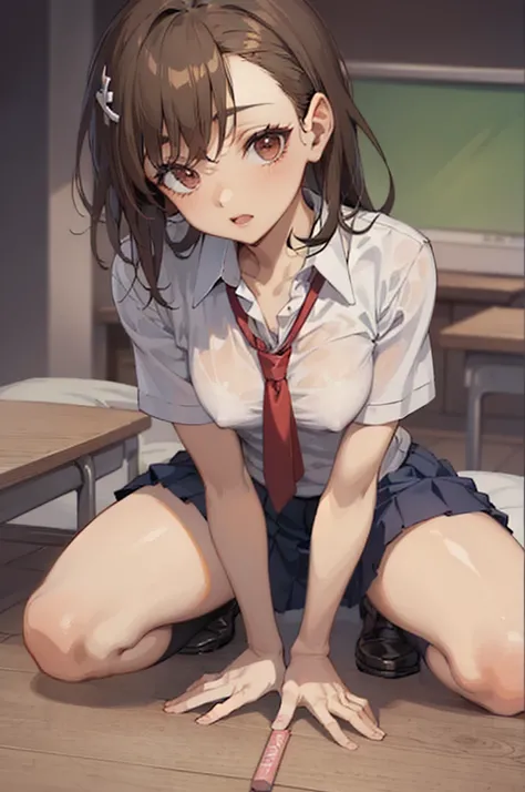 Very detailed CG unified 8k wallpaper, tmasterpiece， Best quality at best， misaka_mikoto， Brown eyes， looking at viewert， 独奏， short_hair， opened_mouth， collared_shirt， looking_at_viewer，(watered school_uniform：1.5)， see-through shirts， white_shirt， small_b...