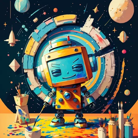 (cute robot smiling with paintbrush painting a spaceship) Munchkin, Geometric multidimensional wall portrait, livro de arte, Tchibi,
Yang08k, Beautiful, Colouring,
Obras, of the highest quality, best quality, Arte Oficial, Beautiful and Aesthetic,