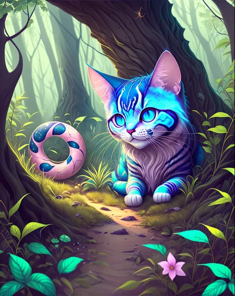 pink and blue cheshire cat, dark forest, moon --auto --s2