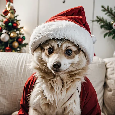 Albino raccoon dog with Christmas hat