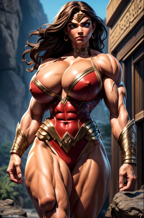 cavewoman version of wonder woman, savage, beauty, detailed muscle, extremely fit, bulky build, large breast, full body, amazing body, detailed face, detailed lips, detailed eyes, action scene, clear focus, Photorealistic, high detail, Realistic, Masterpie...