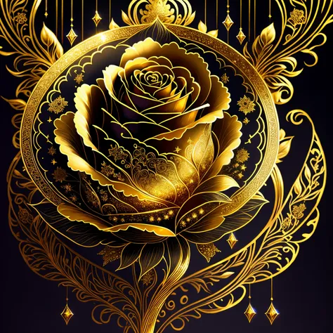 A rose drawn 2d in golden Filigree style, black background, sparkles of golden in background, stem