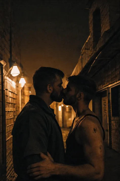 forbidden love, masterpiece, best quality, 2boys, beards, chavs, rough, dirty, Mancunian, mean, bullies, druggies, skinheads, in the neighbourhood, , soft kiss , realistic, dramatic lighting, atmospheric, intricate detail,