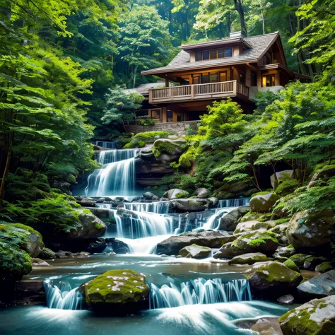 A charming house nestled in a verdant forest, embraced by a waterfall gracefully streaming down, the dwelling perched upon a craggy mountainside, the cascading waters creating a serene ambiance, with the house as the central focus. Details include intricat...