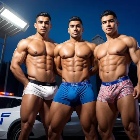 3 handsome Latino police officers, en boxers, with a very large and long bulge in the crotch, se tiene que ver la cara obligatoriamente