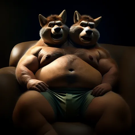 photo of 2heads, coyote, best quality, masterpiece, pixar style;1.9, cartoon eyes:1.9, older male, obese, very fat, overweight, large gut, sweaty, shirtless, boxers, realistic, detailed, identical faces, stylized eyes, large nipples, navel, masculine eyes,...