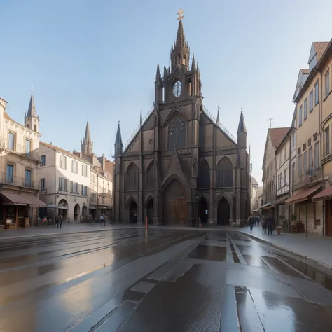 Gothic Medieval Town, with large iron gates on the front streets, with Greek floor, with several houses, churches, market stalls and towers in the background, Gargoyles;, and a wide view of the entire city through the iron gates at the entrance