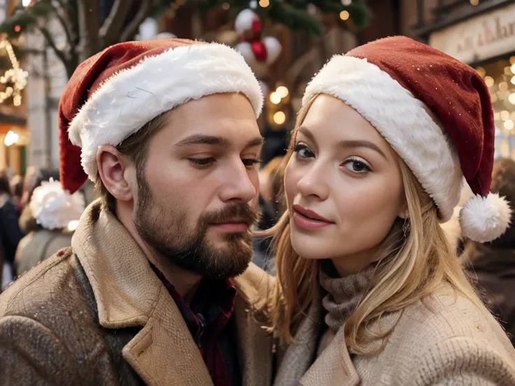 Baiser amoureux femme blond parfaite homme châtain avec barbe, dans la rue, christmas, Christmas Market