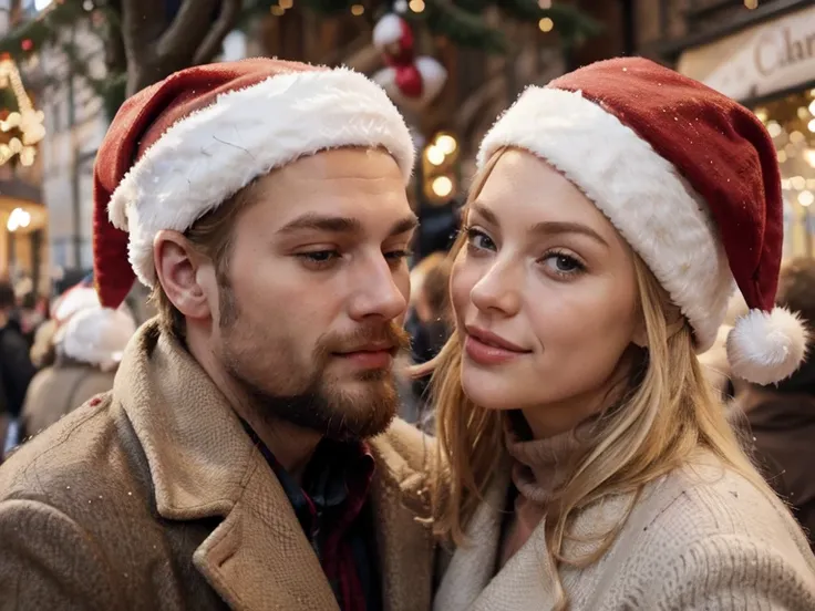 Baiser amoureux femme blond parfait homme châtain avec barbe, dans la rue, christmas, Christmas Market