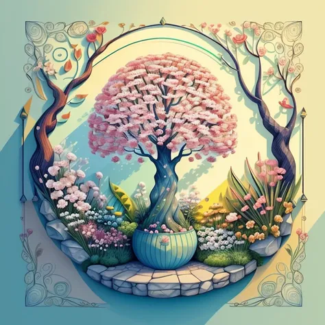 (cute baby tree smiling in a beautiful garden with flowers) Munchkin, Geometric multidimensional wall portrait, livro de arte, Tchibi,
Yang08k, Beautiful, Colouring,
Obras, of the highest quality, best quality, Arte Oficial, Beautiful and Aesthetic,