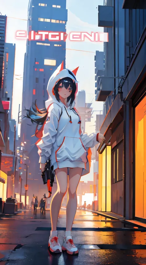 Anime girl in white clothes standing on the street with a gun in her hand, cyberpunk anime girl in hoodie, anime style 4 k, artgerm and atey ghailan, artwork in the style of guweiz, Anime style. 8K, badass anime 8 K, black haired girl wearing hoodie, 4k an...