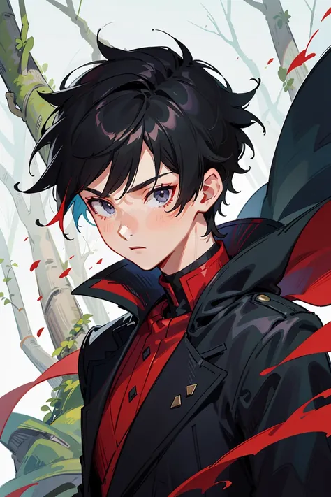 A young man with spiky short black hair wearing a black cape with red trim, stands confidently in front of a vividly colored forest. The detailed CG unity 8k wallpaper in the background displays an ultra-detailed and realistic portrait of the young man wit...