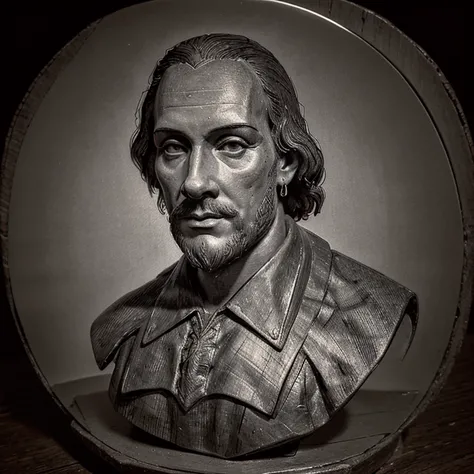 Escultura de um Busto de William Shakespeare, para tatuar, close UP, seventeenth century, similar to the images of the time, serious and reflective face; gravura; in black pencil; Drawing with strokes.