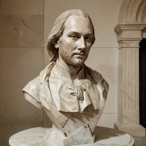 Sculpture of a bust of William Shakespeare in marble, para tatuar, fechar para cima, seventeenth century, similar to the images of the time, serious face, reflexivo e raivoso; fundo branco.