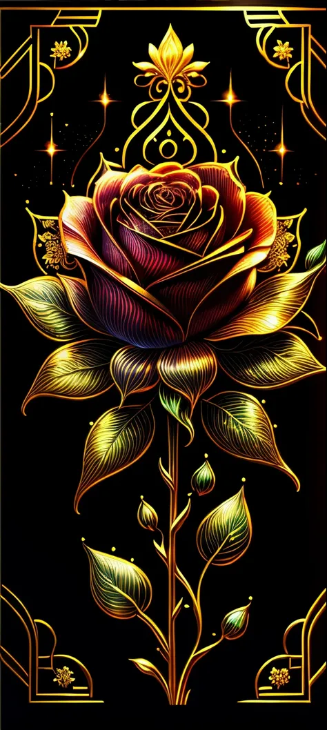 a rose drawn 2d in golden filigree style, black background, sparkles of golden in background, stem