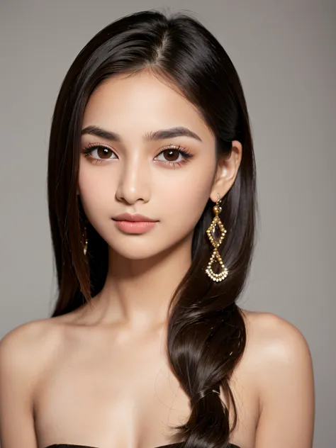 (Masterpiece+realistic), (8K), Realistic, headshot portrait, (best quality), a gorgeous young woman with black hair and dark brown eyes, (round face shape), desi skin color, very beautiful eyes, long beautiful hair, most beautiful almond eyes, so beautiful...