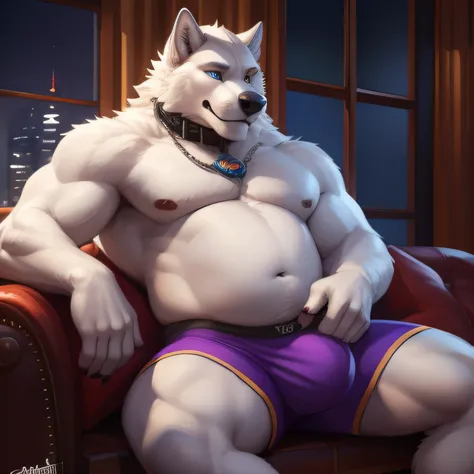 A father in awe of how much bigger their son has grown up to be. father and son, male/male, huge show-off white wolf, bigger son, smaller father, very tall, chubby, white fur, big musclegut, muscular, flexing, massive, mature male, old, red boxer briefs, v...