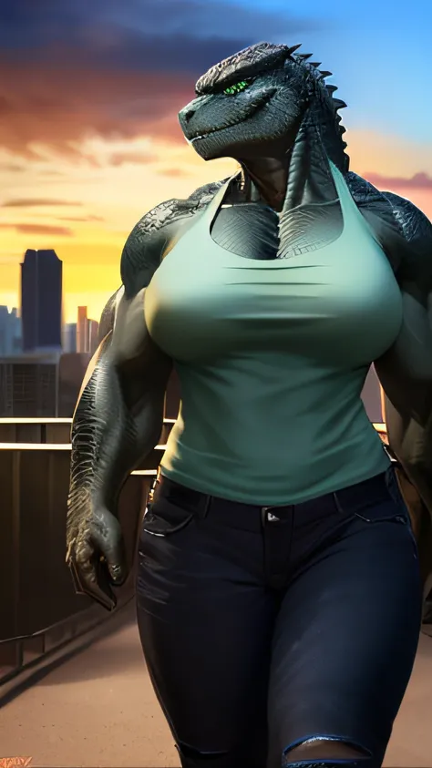 Cinematic frame shot, solo ((godzilla)) with ((green eyes, clear green eyeull-length portrait)), (((((Wearing a short red top and black short jeans)))), (((detailed Chunie anthro godzilla))), (Walking in a modern city, buildings in the background, a park i...