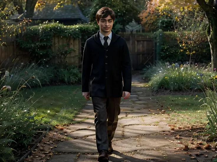 Daniel Radcliffe, In ordinary clothes, walks in the autumn garden, among the trees, art realistic high quality, Hogwarts style, Charismatic character