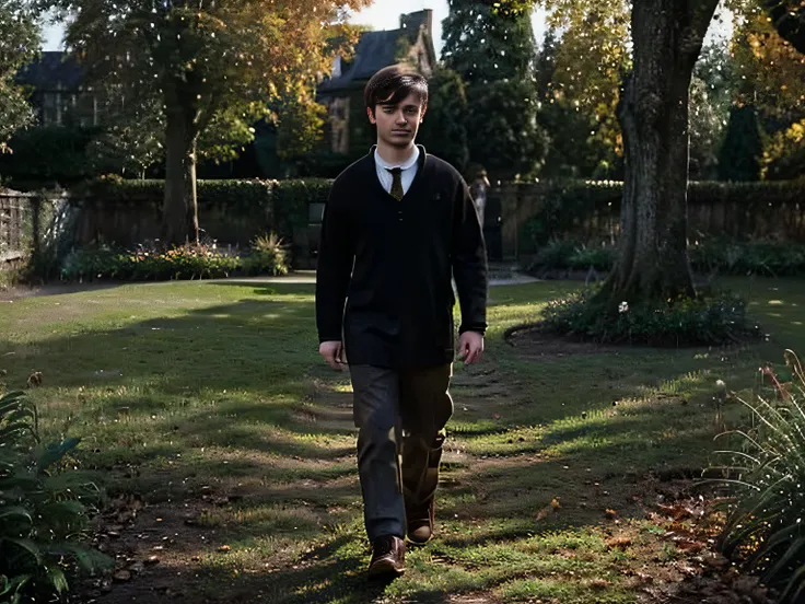 Daniel Radcliffe, In ordinary clothes, walks in the autumn garden, among the trees, art realistic high quality, Hogwarts style, Charismatic character