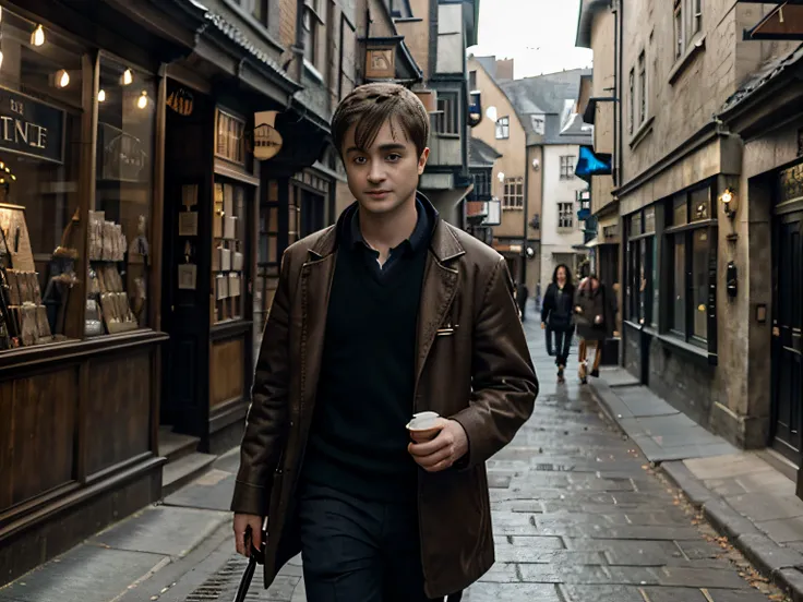 Daniel Radcliffe, In ordinary clothes, walks down the street, art realistic high quality, Hogwarts style, Charismatic character