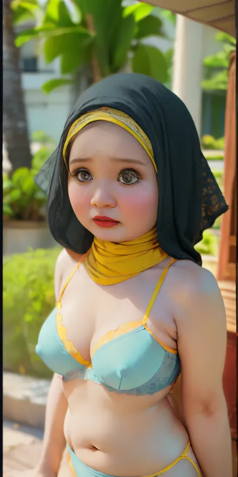 (((MALAY HIJAB GIRL))), (realistic, photo-realistic:1.4), (1girl), big breast, wearing light red lace bra and panties, hand on hips, ((HEAVY NIPPLES)), (( TRANSPARENT )), (( SADNESS )), (((TEARS))), (((RED LIPS))).