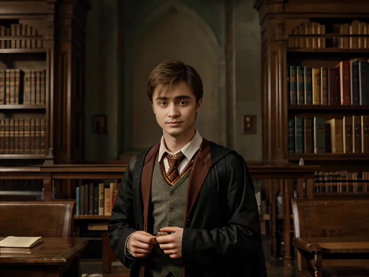 Daniel Radcliffe, school dress, library, art realistic high quality, Hogwarts style, Charismatic character